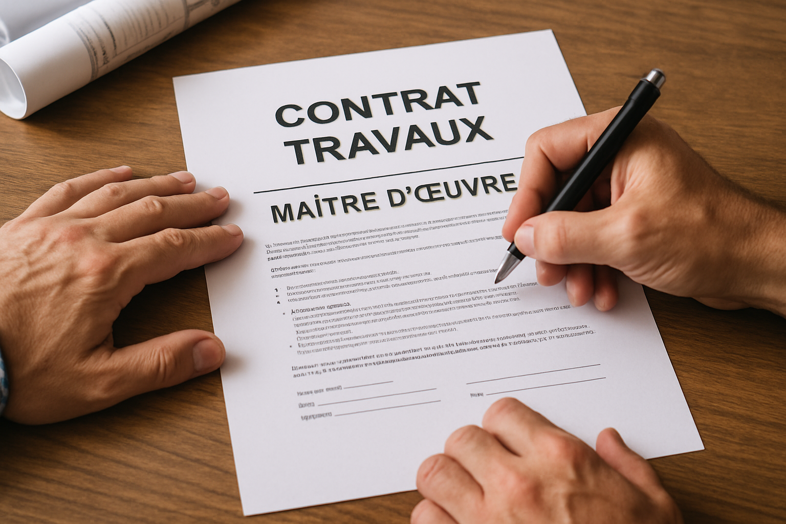 Close-up of Hands Signing a Contract on a Wooden Desk, the Document Reads 'contrat Travaux MaÎtre D'oeuvre'