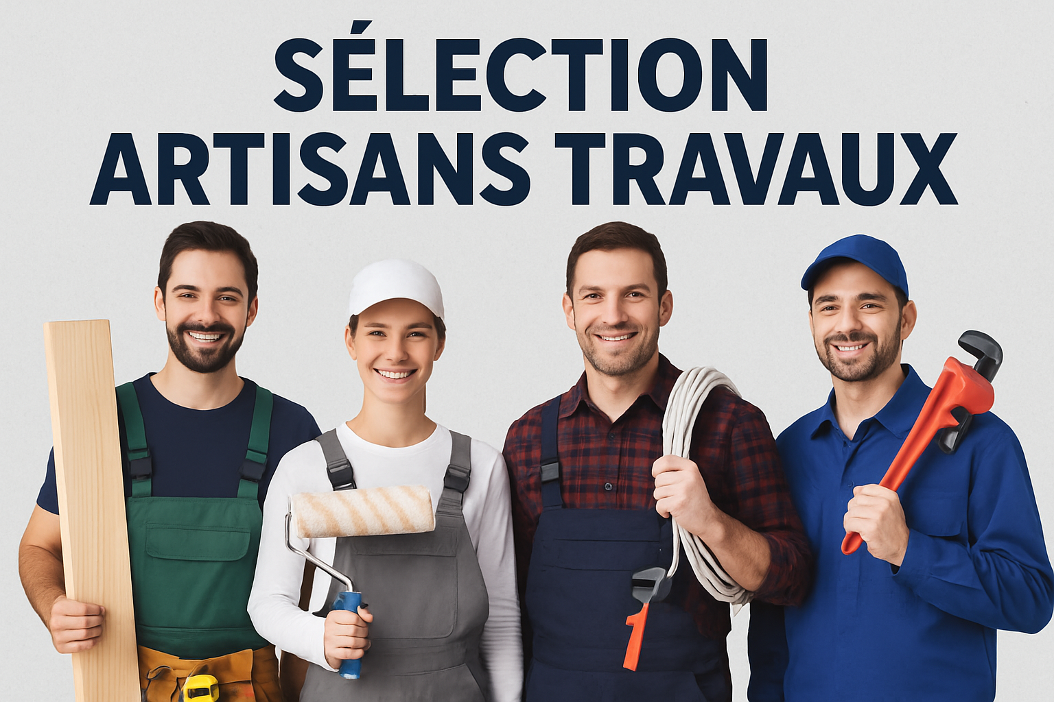 Groupe De Quatre Artisans Souriants En Tenue De Travail Posant Devant Un Fond Clair, Avec Le Texte 'sÉlection Artisans Travaux' Au-dessus.