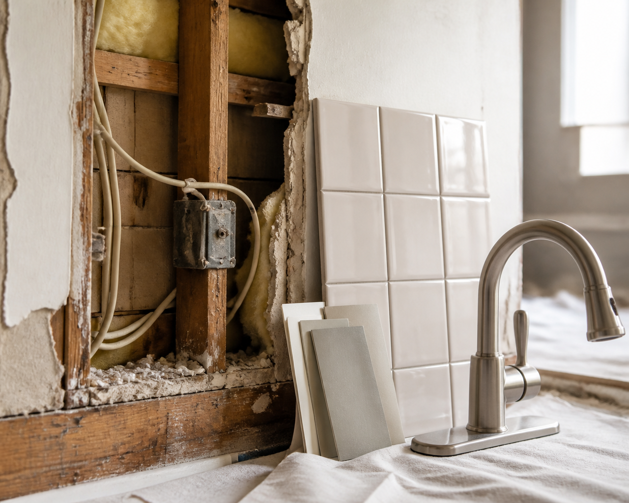 Kitchen Renovation Scene Showing Exposed Wall Framing and Wiring, Tile Samples, and a Stainless Steel Faucet on the Counter.