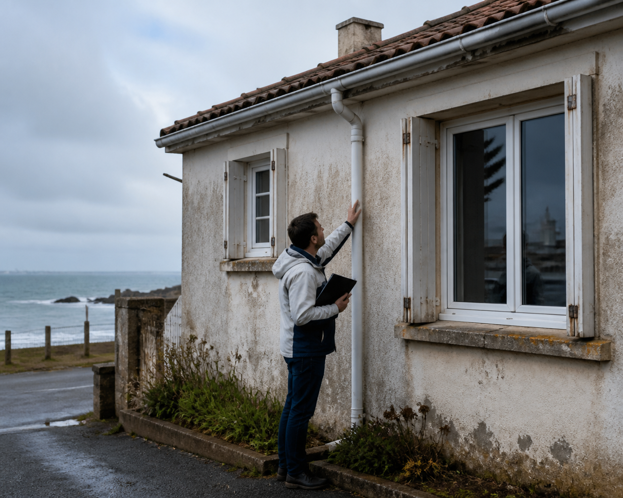 Man with a Clipboard Inspecting a White Rain Gutter/downspout on a Weathered Seaside House by the Ocean