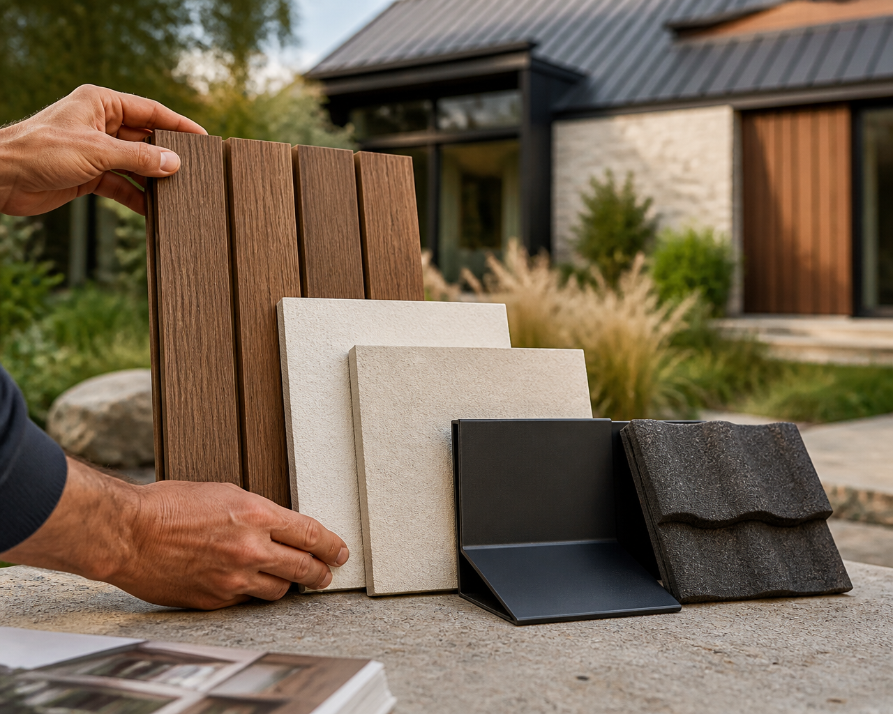 Hands Holding Wood Siding Samples with Beige and Tan Panels Laid on a Concrete Table Outdoors.