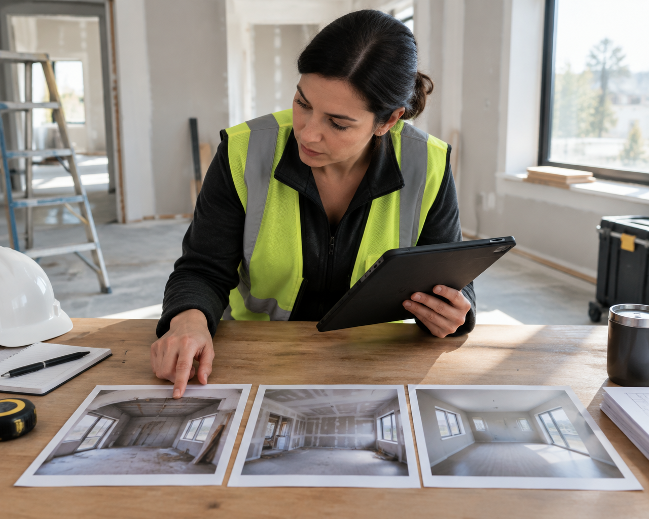 Construction Worker in a High-visibility Vest Reviews Interior Renovation Photos on a Table, Using a Tablet for Reference.