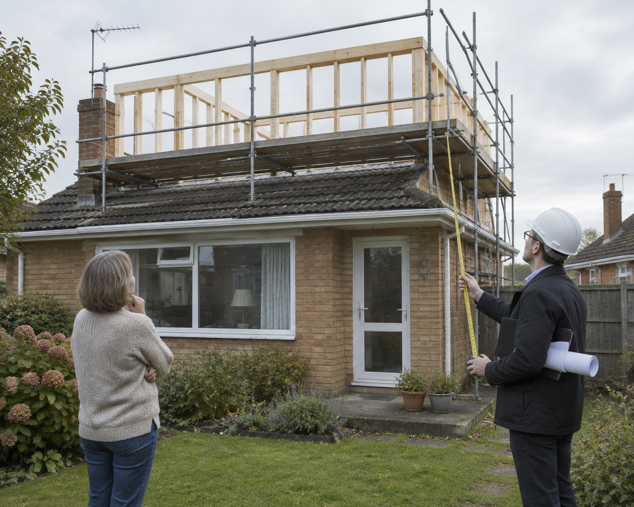 Construction Site: a Brick House with Scaffolding and an Unfinished Upper Level; a Man in a Hard Hat Takes Measurements with a Tape While a Woman Watches Nearby.