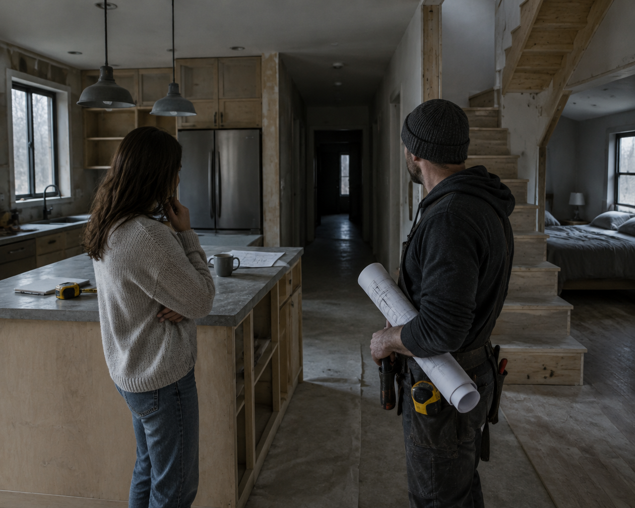 Two People Stand in a Home Under Renovation: a Woman at the Kitchen Island and a Man with Blueprints and a Tool Belt, Near Bare Wood Stairs and Appliances.